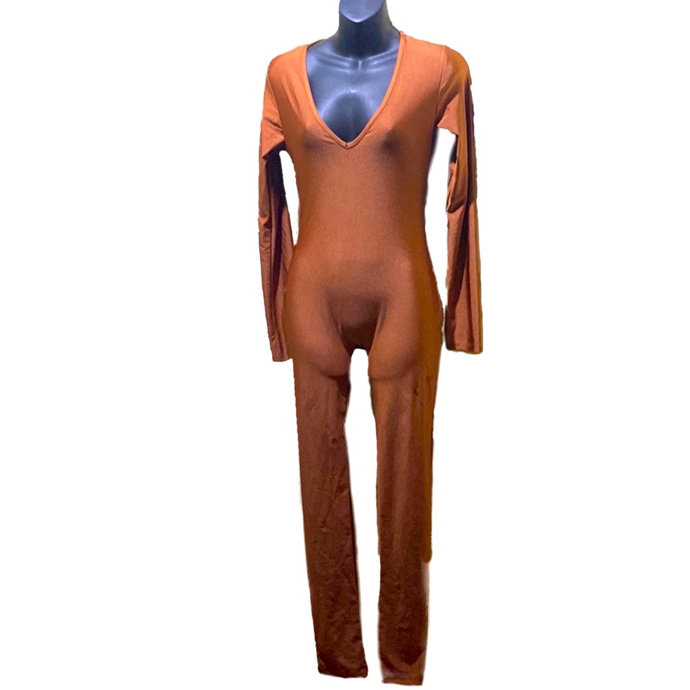 FASHION LOVE LONG SLEEVE RUST SHIMMER CATSUIT SZ M V-NECKLINE